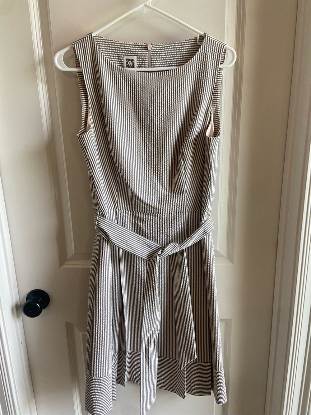 Anne Klein Sleeveless Striped Tie-Belt Midi Dress in Beige and White